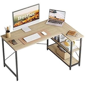 Bestier Scrivania a Forma di L Piccola Scrivania ad Angolo con Ripiani Scrivania per Computer Reversibile da 120 cm con Libreria per Piccoli Spazi per Ufficio Domestico