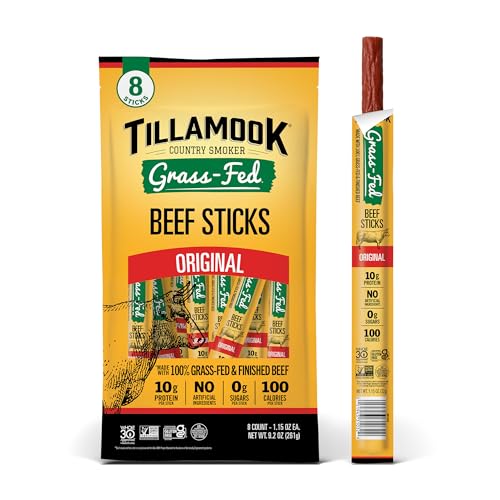 Tillamook Country Smoker 100% Grass Fed Beef Sticks, Zero Sugar, Original, 1.15 Ounce (Pack of 8) Whole 30 Approved, Non GMO Clean Meat Snacks, High Protein, Gluten Free, Individually Wrapped