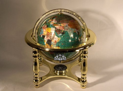Unique Art Since 1996 10" Tall Green Crystallite Table Top Gemstone World Map Globe with 4-Leg Gold Stand