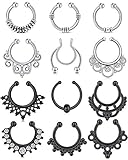 QWALIT Fake Septum Jewelry Faux Septum Rings Hoop Face Septum hoops Surgical Stainless Steel Non Piercing Septum nose Rings for Men Women Silver Black 8mm 10mm