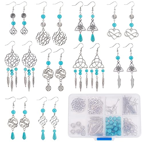 SUNNYCLUE 1 Box DIY 10 works Vintage Style Trinity Knot Charm Infinity Love Charms Earring Making Kit Feather Charm Knot Charms for Jewellery Making Synthetic Turquoise Round Beads Adult Women Craft