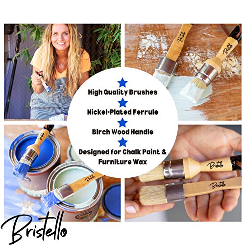 Bristello Chalk & Wax Paint Brush Set. 1X Flat Furniture Paint Brush And 1X Round Chalk Brushes For Furniture. 1” Small Paint Brush Duo – Stencil Brush, Milk Paint And Wax Paintbrush #TOP5