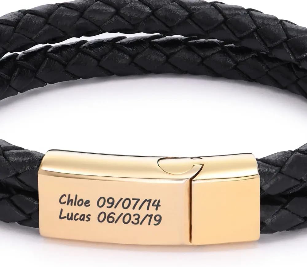 MyNameNecklace Personalized Engraved Men Bracelet - Black Leather - Custom Engraving - Father's Day Gift for Him - Image 8