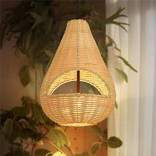 Image of zeyu 2-Light Farmhouse Bamboo Pendant Light, 12.6 Inch Rattan Chandelier Light Fixture, Boho Bird Nest Lamp Shade, ZSL66MIL BK