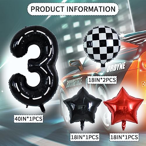 Image of TONIFUL 40 Inch Race Car 3rd Birthday Balloons - Racetrack Number 3, Wheel Tire, Black White Checkered, Star - Boys Car Themed Party Decor