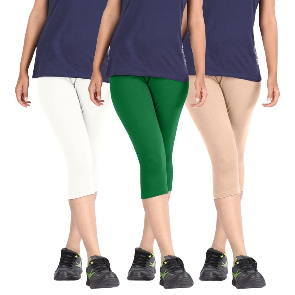 Biowashed Cotton Stretchable Capri Legging Combo Pack of 3 for Women/Girls/Ladies (White, Green and Beige) - Free Size-picture-13