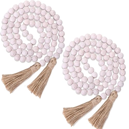 Geetery 2 Pcs 58'' Bead Garland with Tassels, Rustic Country Decor, Boho Wall Hanging for Farmhouse Style, Versatile Prayer Beads for Home, Table, or Wall Decoration (Whitewashed) by Geetery - Used condition - US$7.45