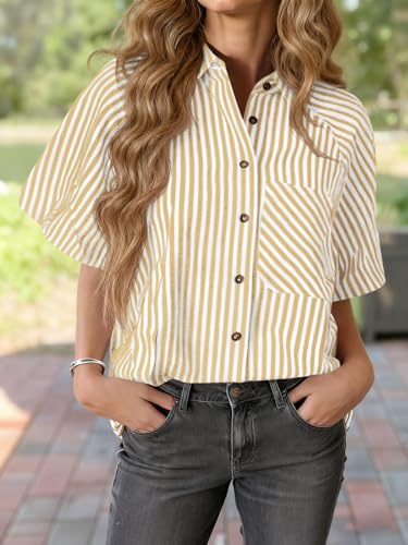 Image of Tankaneo Womens Short Puff Sleeve Button Down Shirts Striped Trendy Casual Loose Fit Blouse V Neck Collared Tops