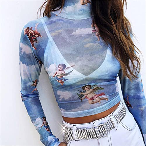 Women Mesh Long Sleeve Sheer Top See Through Shirt Blouse Angel Print Mock Neck Crop Top Sexy Club Spring Summer (Blue,L,Large) #TOP2