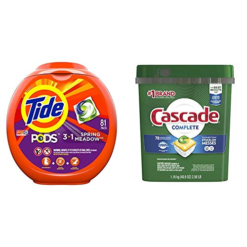 Tide PODS 3 in 1 HE Turbo Laundry Detergent Pacs, Spring Meadow Scent, 81 ct & Cascade Complete Dishwasher Pods, Actionpacs Dishwasher Detergent, Lemon Scent, 78 ct