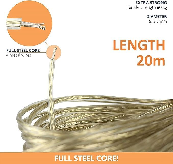 Image of PVC Coated Steel Core Clothesline 20 Meter | Heavy Duty Anti-Rust Wire Rope for Drying Clothes | Weatherproof Tangle-Free PVC Laundry Line for Indoor Outdoor Use (20 Meter Clothesline)
