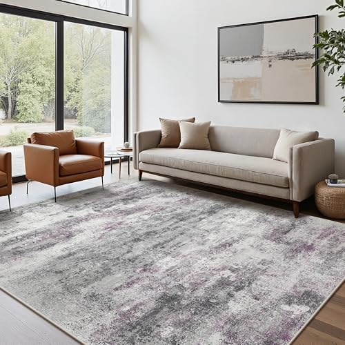 Image of BEIMO Area Rugs 8x10 for Living Room Bedroom, Modern Abstract Machine Washable Rug, Large Soft Low Pile Floor Carpet with Non Slip Backing for Dining Room, Grey /Purple