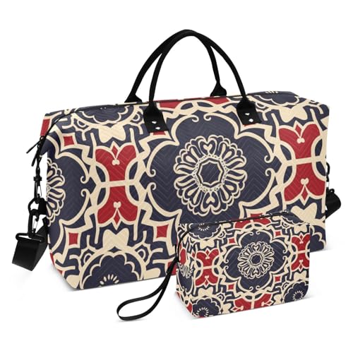 Geometric Floral Red Black Decorative Weekend Bag Gym Tote Bag with Adjustable Strap for Trip Waterproof Bolsa para en Avion