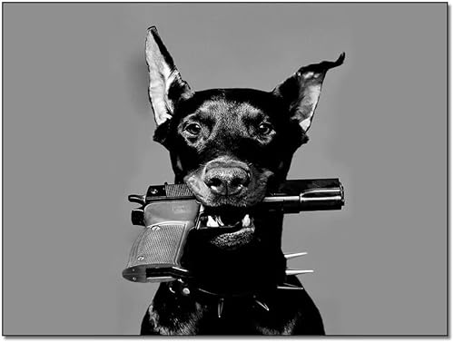 HDYDJS Doberman Pinscher - Póster estético con diseño de pistola blanca y negra, para decoración de dormitorio, sala de estar, 12 x 16 pulgadas,
