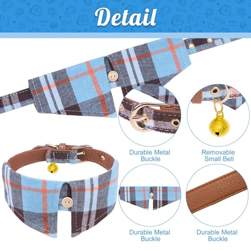 Image of EXPAWLORER Dog Collar and Leash Set - Classic Plaid Dog Collar with Bow Tie and Cute Bell, Dog Leash No Tangle, Adjustable Dog Collar for Small Medium Dogs Cats, Holiday Ideal Gift, Skyblue S