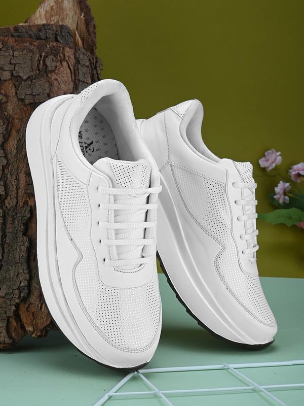 Image of XE Looks White Lace-Up Platform Sneakers | Perforated Upper | Cushioned Insole | Casual & Walking Shoes for Girls & Women