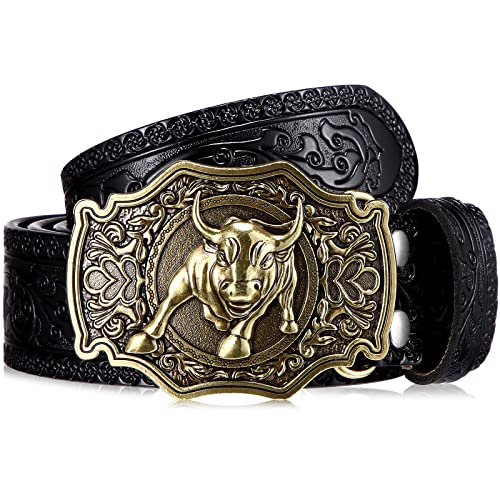 Ceinture Cowboy Occidental Boucle Taureau Longue Corne Ceinture en Cuir Gaufré Floral pour Homme, 1,5 Pouces de Large, Noir