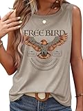 Vintage Graphic Tees for Women Summer Sleeveless Tops Concert Outfits Casual Rock Band T Shirts Country Graphic Tank Top (M, Bird-Khaki)