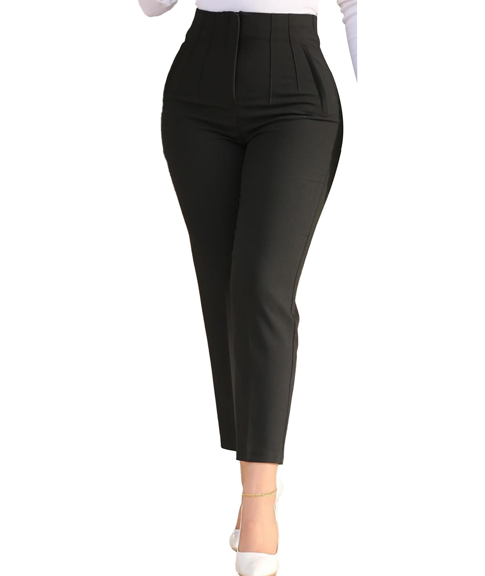 SOMTHRON Womens High Waisted Pleated Pants Office Work Ankle Pants Solid Skinny Business Slacks Tapered Trousers