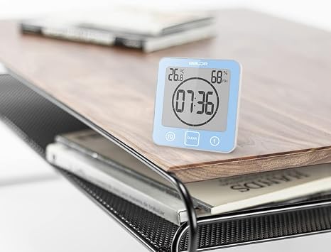 Rohome Digital Timer Waterproof Wall Clock, Kitchen Countdown Timer, Shower Clock with Temperature Humidity, Mirror Suction Cup Bathroom Timer, Wall Hanging for Bath Spa Basement Swimming Pool (Blue)