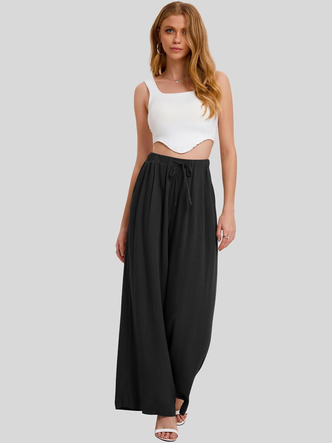 Bloggerlove Linen Palazzo Pants for Women Dressy Summer Wide Leg Flowy Pants Boho Linen Beach Trousers with Pockets - Image 7