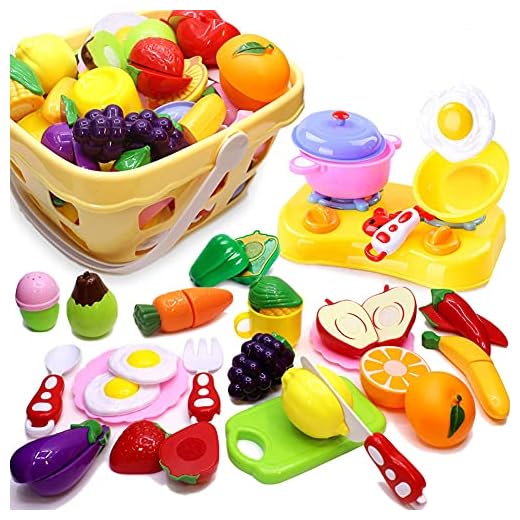 Play Food for Kids Kitchen Cutting Pretend Toy Food for Toddlers Kitchen Toys for Girls 48 Pieces Fruits Vegetables Come Apart with Velcro Educational Toys