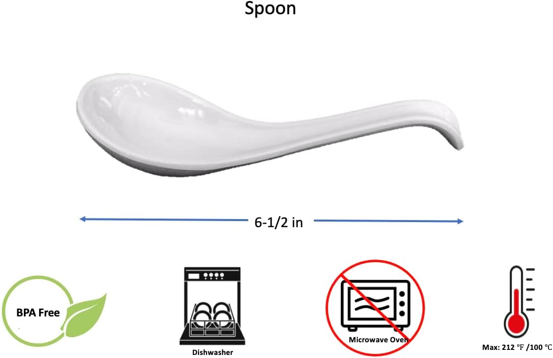 Lucky Star Melamine Japanese Ramen Vietnam Pho Noodle Soup Rice Serving Spoons Utensil with Hook, 6.5” Length, White (24)
