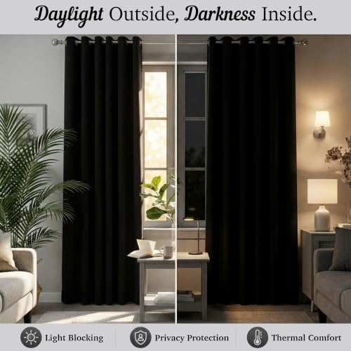 Image of 100% Blackout Window Curtains, 5 Feet, Solid Design, Faux Silk, Thermal Insulated, Noise Reducing Eyelet Door Curtain with Tie Back for Living Room & Bedroom, 115x150cm, Pack of 1 - Black