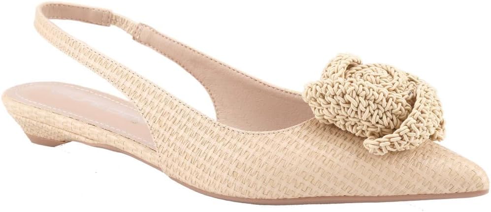 Women's Woven Braided Pointed Toe Slingback Flats Low Wedge Heel Raffia Flower Slip-On Heel Pump Summer Elegant Basics Business Casual Business Chic Spring Shoes Spring Break Easter