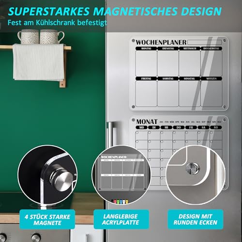 BIROYAL 2pcs Magnetic Monatsplaner und Wochenplaner Abwischbar 2026, 40 x 30 cm Magnettafel Kühlschrank Acrylic, Magnettafel Kalender Acryl mit 6 Markers für Haushaltsplan, Essensplaner