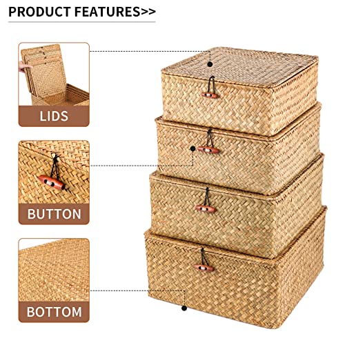 Ruosuruosu Cube Stackable Storage Bins Lids,Wicker Woven Storage Baskets Shelves,Set 4 Seagrass Storage Boxes,Rattan Storage Containers Organizing,Clothes,Toys,Books Cluttered Small Items Honey Brown #TOP1