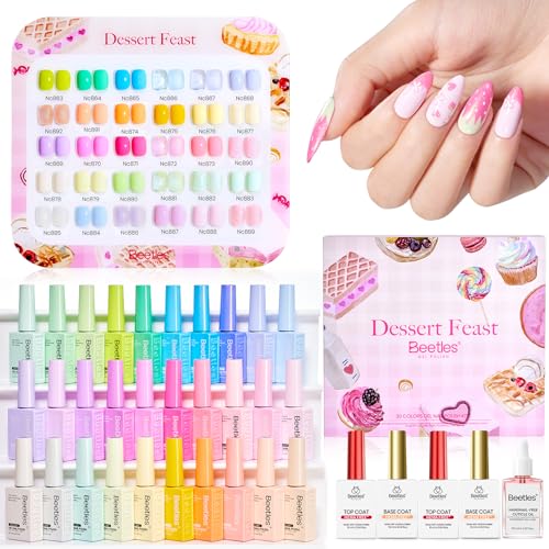 Image of beetles Gel Polish Set, Dessert Feast 30 Colors Hema-Free | Glitter Jelly Nude Pink White Yellow Green Pastel Colors Gel Polish, with Base Top Coat Swatch Card Uv LED Lamp Gel Gifts