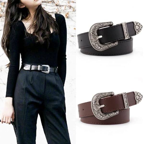 INOGIH Western-Leather-Belts-Women Vintage Waist-Belts with Hollow Out Flower Buckle, Coffee, One_Size - Image 3