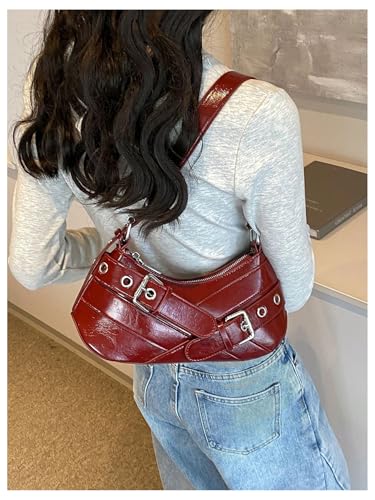 OYOANGLE Women's Buckled Punk Shoulder Bags Zipper Top Handle Handbags Y2k Adjustable Strap Underarm Bags2