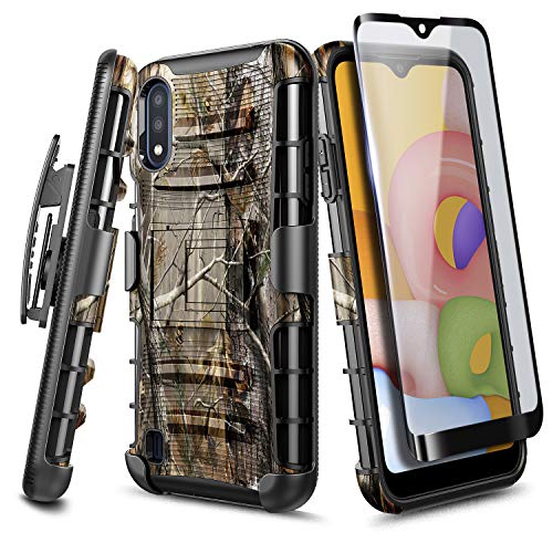E-Began Case for Samsung Galaxy A01 with Tempered Glass Screen Protector (Full Coverage), Belt Clip Holster Kickstand Heavy Duty Armor Defender Shockproof Rugged Phone Case -Camo