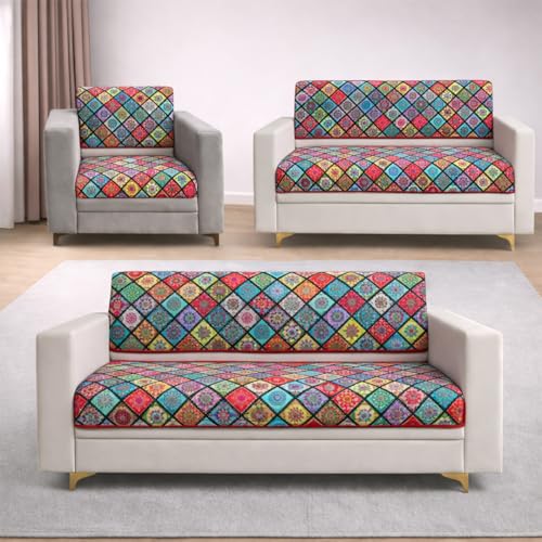 Image of Homerz Premium 6 (3+2+1) Seater Velvet Sofa Panel Cover with Digital Prints | Anti-Slip Backing (Mandala, 6 (3+2+1) Seater with Back)