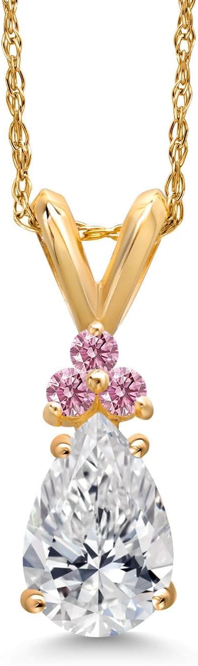 Gem Stone King 14K Yellow Gold DEF Lab Grown Diamond and Pink Lab Grown Diamond Pendant Necklace for Women | 0.79 Cttw | Gemstone April Birthstone | Pear Shape 8X5MM | With 18 Inch Chain