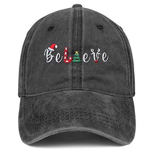 Christmas Hat Unisex Adult Vintage Believe Baseball Cap Embroidered Denim Dad Hat Black #TOP29