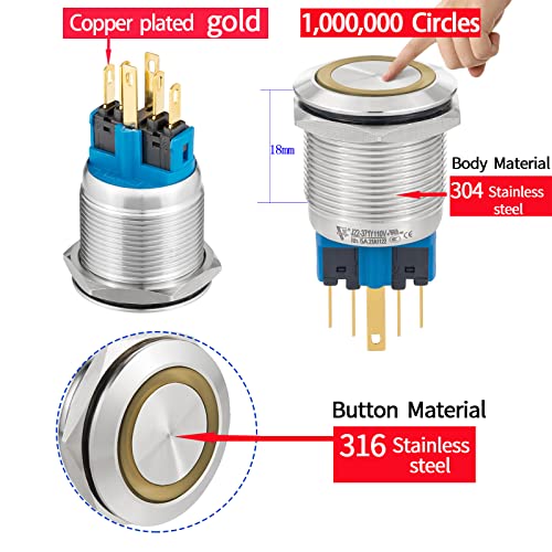 Push Button Switch 22Mm Latching 120V Power 1No 1Nc Spdt On Off Waterproof Ip67 Stainless Steel Industrial Switches With Wire Ul Certified 7/8" 2 Pcs (Yellow, Latching,110V) #TOP3