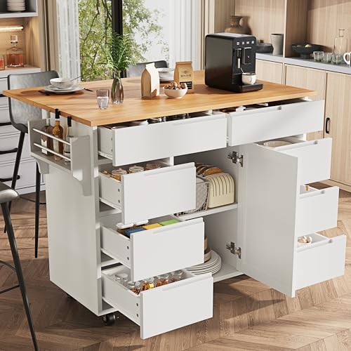 Huayz Isla De Cocina, Mueble De Cocina Moderno, Carrito De Cocina Extensible Con Ruedas Y Encimera, Carrito De Servir Con Estante Para Especias Y 8 Cajones