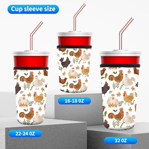 Image of 3 Pack Reusable Neoprene Insulator Sleeve for Iced Coffee Cups, Funny Coffee Cup Sleeves for 16-32oz Coffee cups, Cute Drink Sleeve for Cold Hot Beverages Cute Chicken
