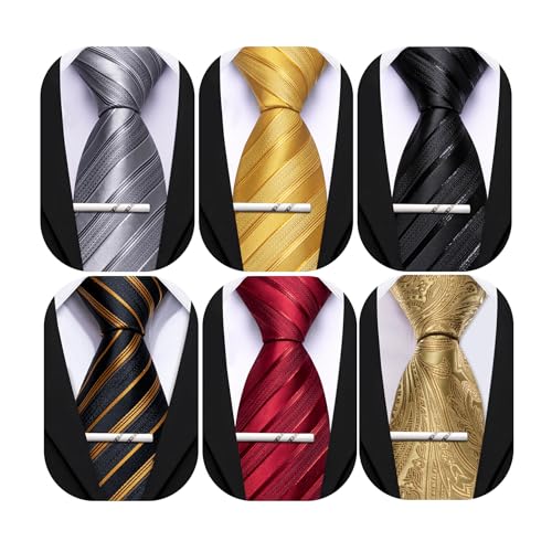 Image of Barry.Wang Mens 6 PCS Ties Silk Striped Paisley Check Floral Necktie Silky Woven Wedding Business Party Ties 3.34 inch