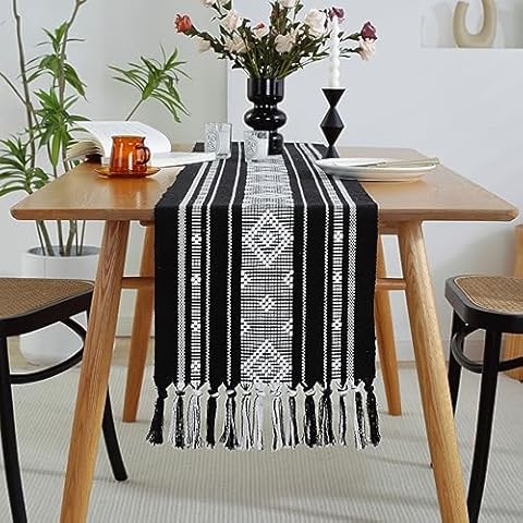 INCLAR Black Boho Table Runner with Tassels Cover