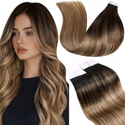 Image of LaaVoo Tape in Extensions Human Hair Seamless Tape in Hair Extensions Soft Straight Hair Extensions Tape on Balayage Brown to Chestnut Brown with Blonde 40pcs 18inch 100g