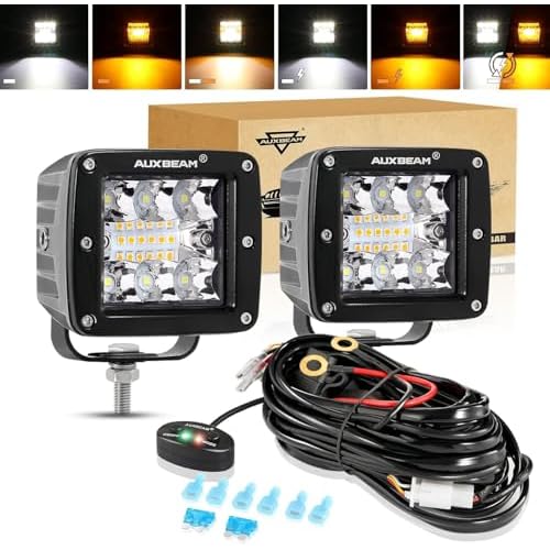 Auxbeam Offroad LED Cube Lights 3 Inch LED Pods 72W 7200lm Amber White 6 Modes Fog Light Pods Spot Flood Combo Strobe Light Bar with Memory Function for Jeep Truck ATV UTV SUV 4x4