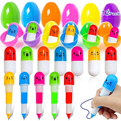 Image of 12 Pack Easter Basket Stuffers Novelty Pen Transform Prefilled Easter Eggs with Toys Inside, Easter Party Favor for Kids Toddlers Filled Easter Gifts 12 Eggs 12 Pen Total 24 Pcs Classroom Keychain Toy