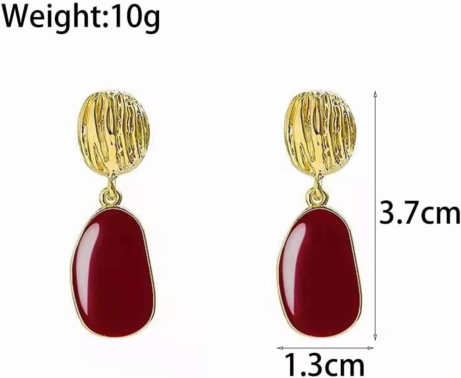 Burgundy Enamel Oval Dangle Earrings for Women Vintage Gold Hammered Geometric Drop Statement Earrings Retro Dripping Oil Earrings Red Fashion Jewelry - Image 2