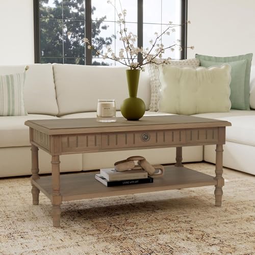 East at Main Solid Wood Coffee Table with Drawer & Shelf, 38” Rectangular Farmhouse Coffee Table for Living Room, Handcrafted Wood Table with Turned Legs, Rustic Brown Finish