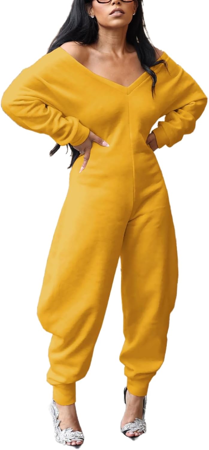 Womens Sexy Solid Color Jumpsuit Comfy V Neck Off Shoulder Long Sleeve Wide Leg Romper Baggy Club Sweatsuit Outfit
