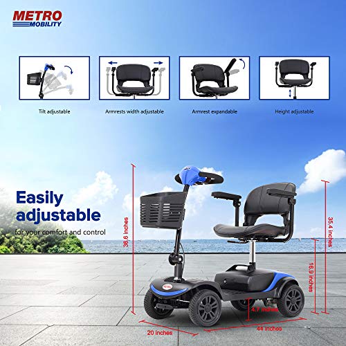 Metro Mobility Lite Compact Travel Electric Power Mobility Scooter for Adults - 265 lbs Max Weight, 4 Wheel, 18 in Width Leather Seats, Large Capacity Lead-Acid Battery, Matte Blue